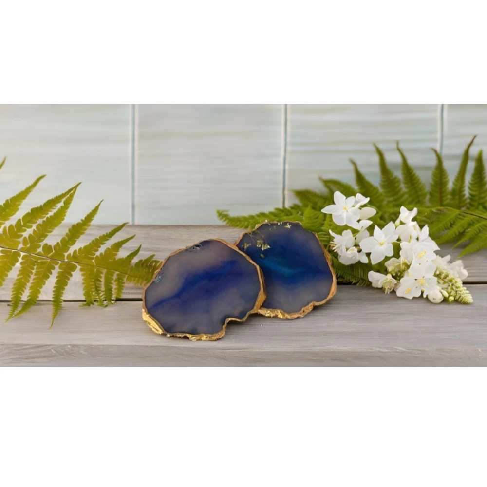 Agatesvibe Brazilian Agate Stone Coaster Beautiful Coaster Fit for Tea Cups Coffee Mugs and Glasses Perfect Table Accessories Tableware (2, Blue)