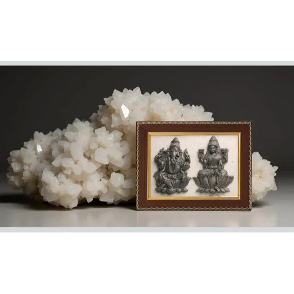 Agatesvibe Laxmi & Ganesh Frame with Selenite and Pyrite | Wooden Vastu Wall Decor for Living Room & Office | Original Pyrite Dust with Selenite for Wealth, Prosperity, Protection, Chakra Healing & Positive Energy