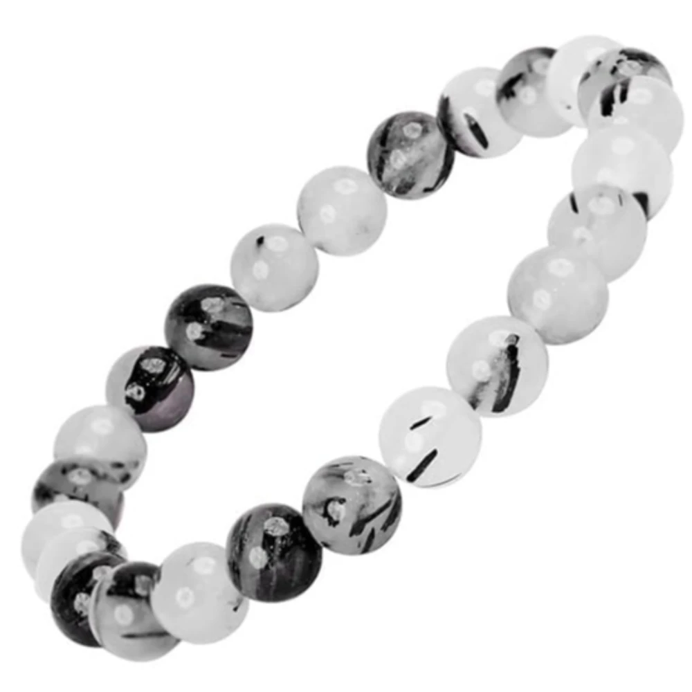 Agatesvibe Crystal Bracelet for Men & Women (8mm) | Gemstone Round Beads Bracelet for Girls | Elastic Casual Bracelet for Boys | Natural Reiki Feng Shui Healing Stone Bracelet for Unisex Adults (PAck of 1) (Black Rutilated)