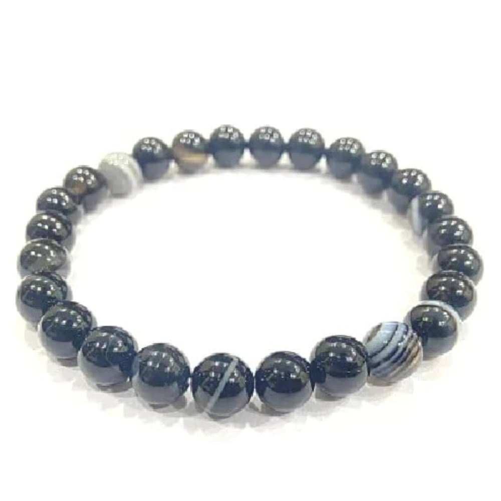 Agatesvibe Handmade Gem Semi Precious Gemstone 8mm Round Beads Stretch Bracelet (Black Sulemani)