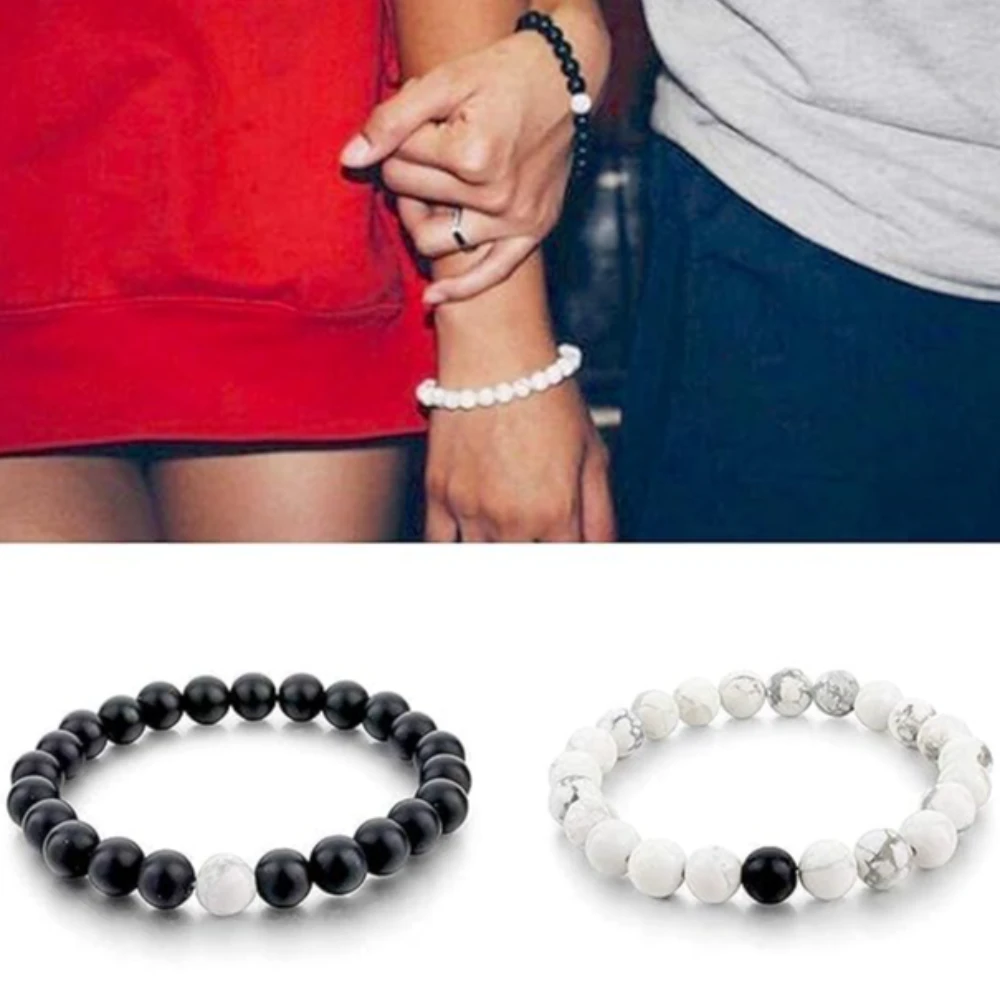 Agatesvibe "2 Pcs Black & White Natural Stone Beaded Bracelet Set | Healing Reiki Feng Shui Couple Bracelets for Men & Women | BFF, Valentine's Gift, Unisex Jewelry