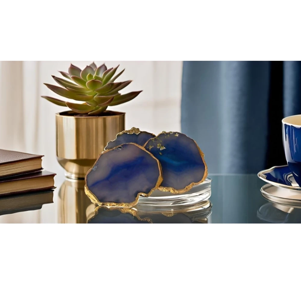Agatesvibe Brazilian Agate Stone Coaster Beautiful Coaster Fit for Tea Cups Coffee Mugs and Glasses Perfect Table Accessories Tableware (2, Blue)
