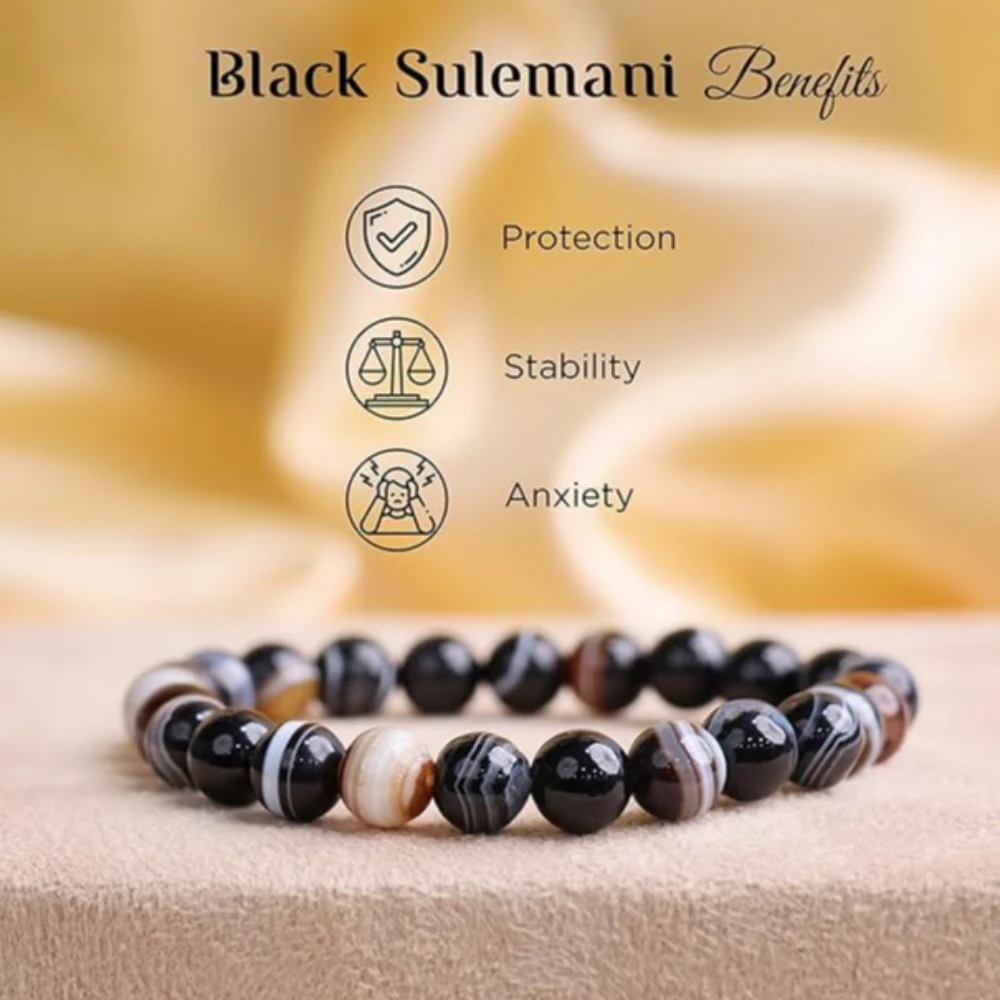 Agatesvibe Crystal Bracelet for Men & Women (8mm) | Gemstone Round Beads Bracelet for Girls | Elastic Casual Bracelet for Boys | Natural Reiki Feng Shui Healing Stone Bracelet for Unisex Adults (PAck of 1) (Black Sulemani)