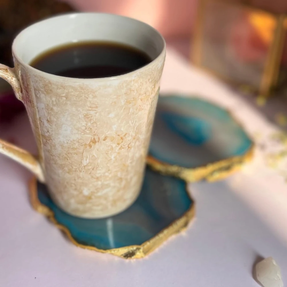 Agatesvibe Brazilian Agate Stone Coaster Beautiful Coaster Fit for Tea Cups Coffee Mugs and Glasses Perfect Table Accessories Tableware (Pack of 1) (Turquoise Agate Set of 2)
