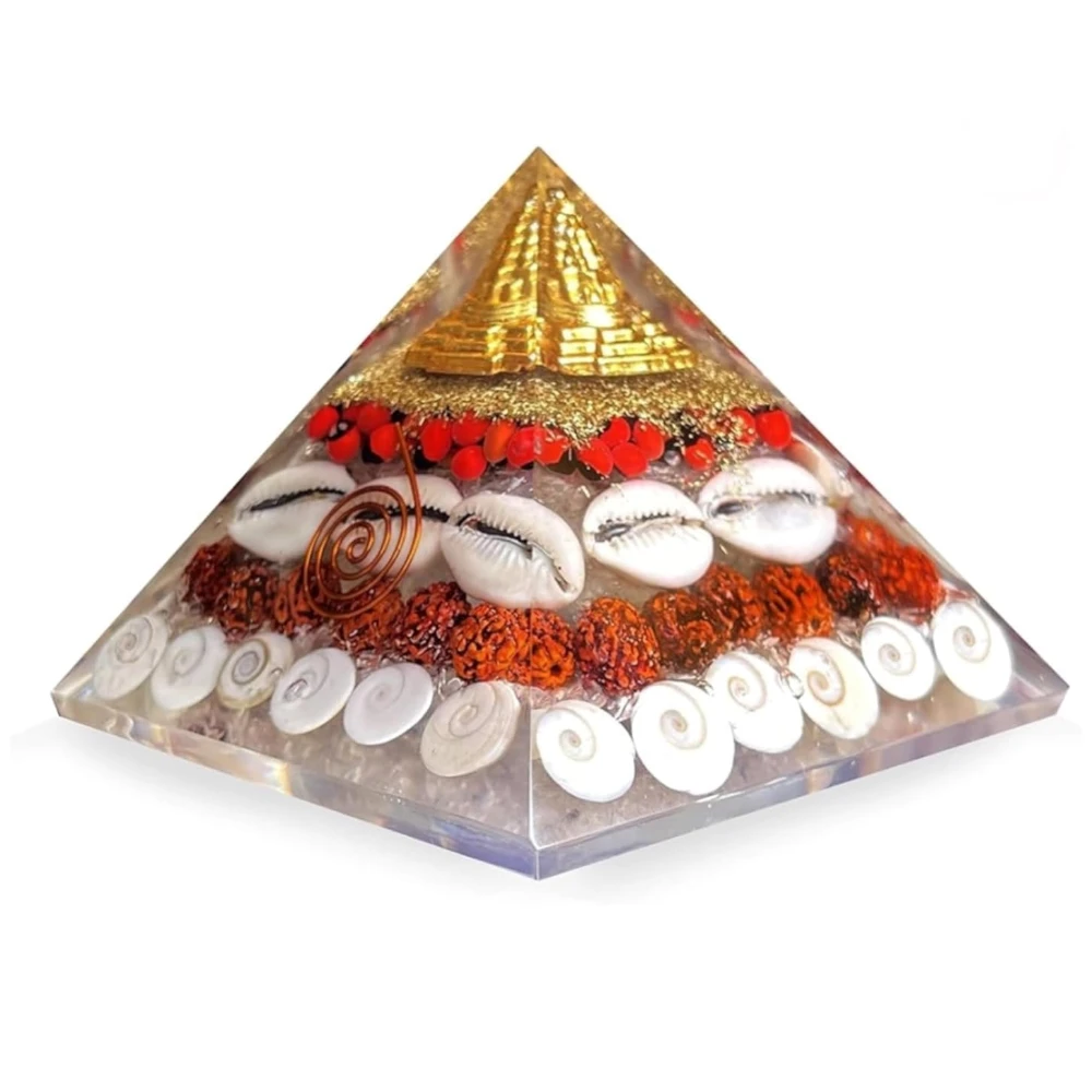 Agatesvibe Crystal Gomati Chakra Laxmi Pyramid for Home and Office – Featuring Rudraksha, Shree Yantra, Kauri, and Ratti for Vastu, Wealth, Good Luck, and Prosperity | 80-90 mm (Pack of 1)
