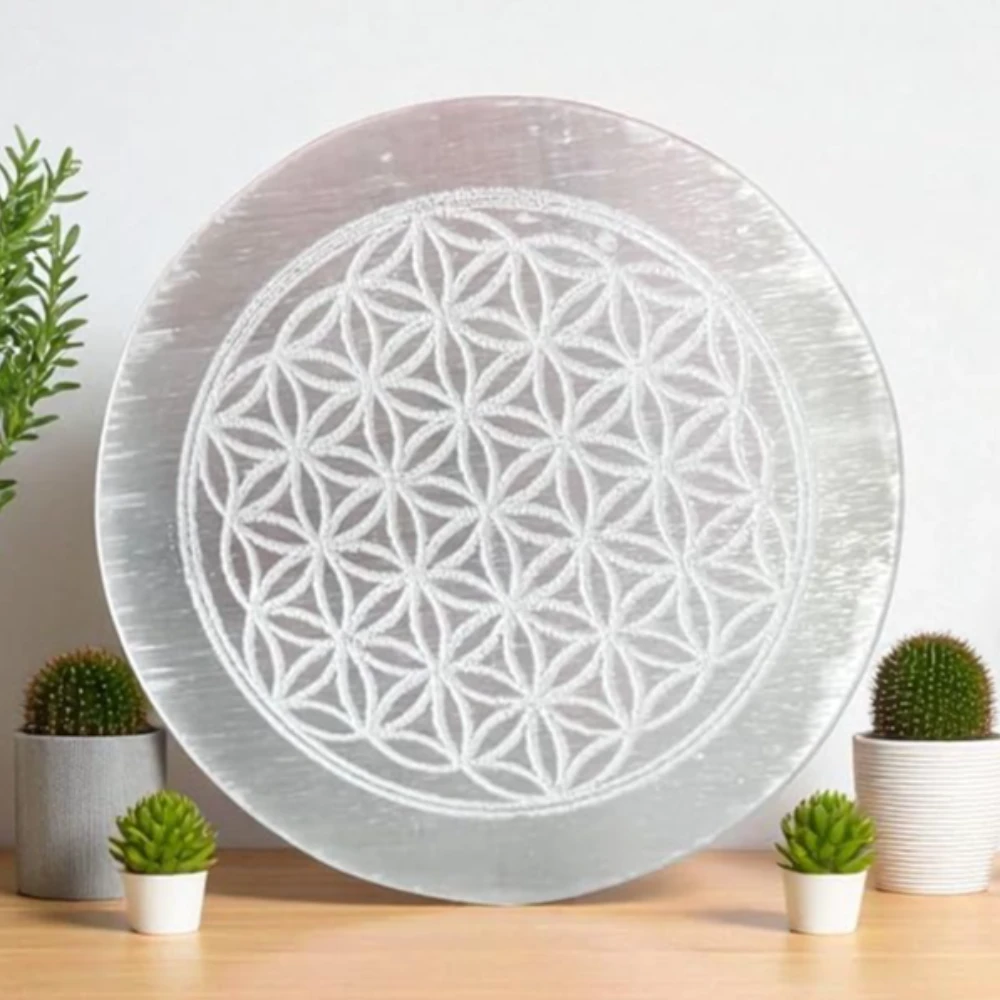 Agatesvibe Selenite Crystal Charging Plate – Engraved Sri Yantra Selenite Plate for Crystal Cleansing, Energy Recharging, & Pooja Rituals (Pack of 1) (Metatron Cube (Platonic Solid), 4 Inch)