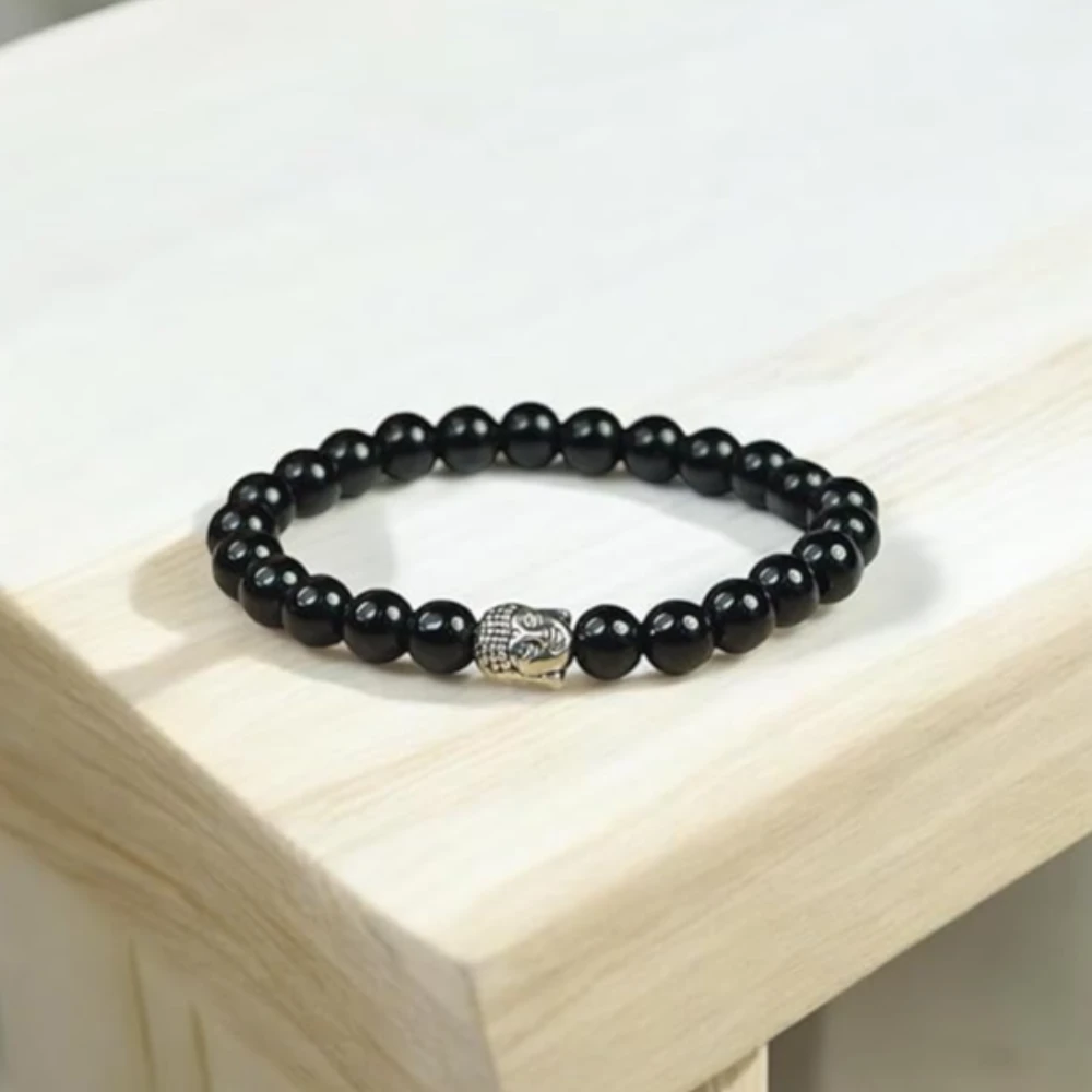Agatesvibe Buddha Natural Crystal Healing Gemstone Chakra Bracelet Charm Jewelry for Men & Women, Bead Size 8 mm,(PAck of 1) (Black Onyx with Buddha Head)
