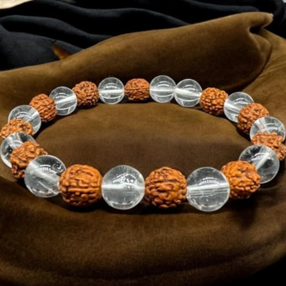 Agatesvibe Premium Sphatik & 5 Mukhi Rudraksha Bracelet | Energized Crystal & Spiritual Beads Stretchable Unisex Bracelet (Pack of 1)
