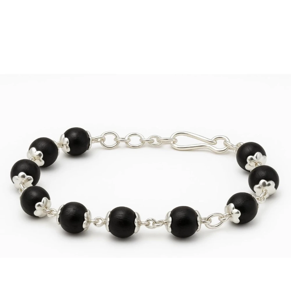 925 Silver Karungali Bracelet for Men & Women | Natural Ebony Wood Beads 7mm with Silver Capping | Adjustable Healing Bracelet with Length Extension Chain | Spiritual Protection Jewelry