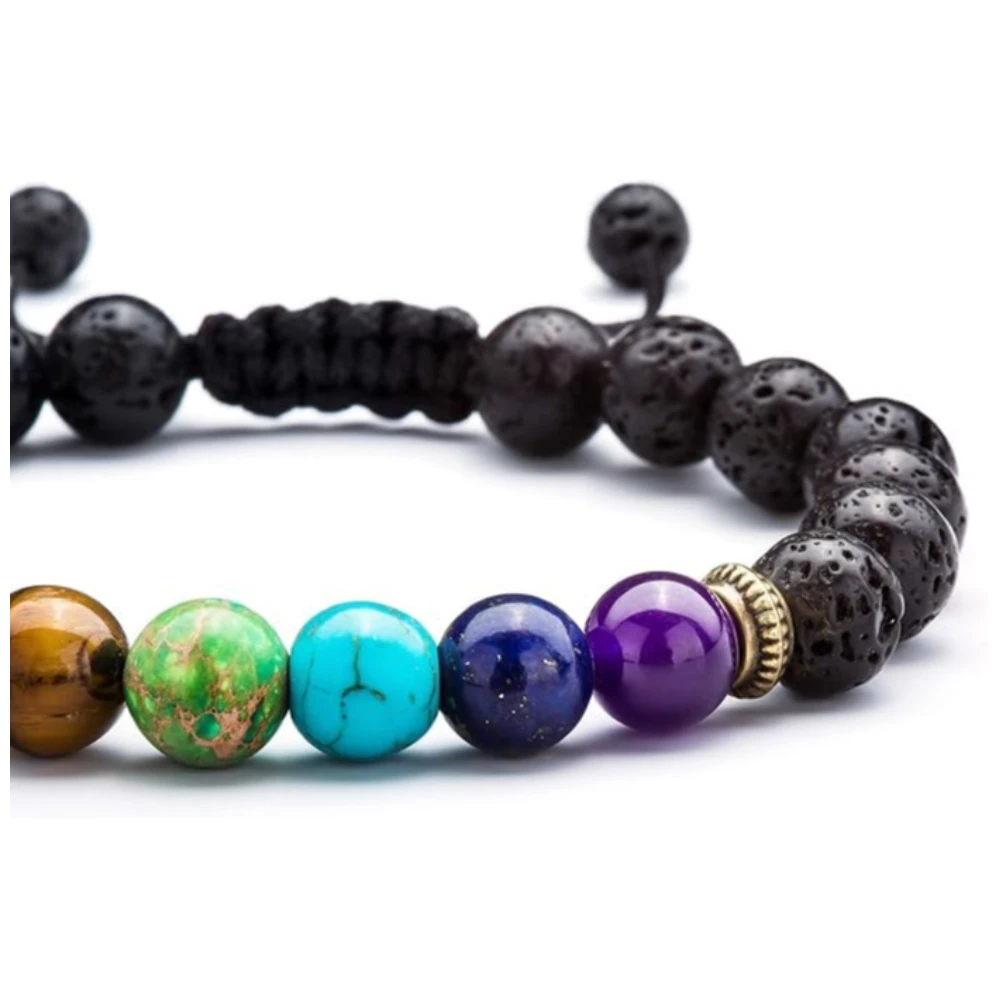 Agates Vibe 8mm Lava Rock Lava Rock 7 Chakra Beads Bracelet for Men & Women – Braided Rope Agate Stone Healing Energy Bangle (1-lava Chakra)
