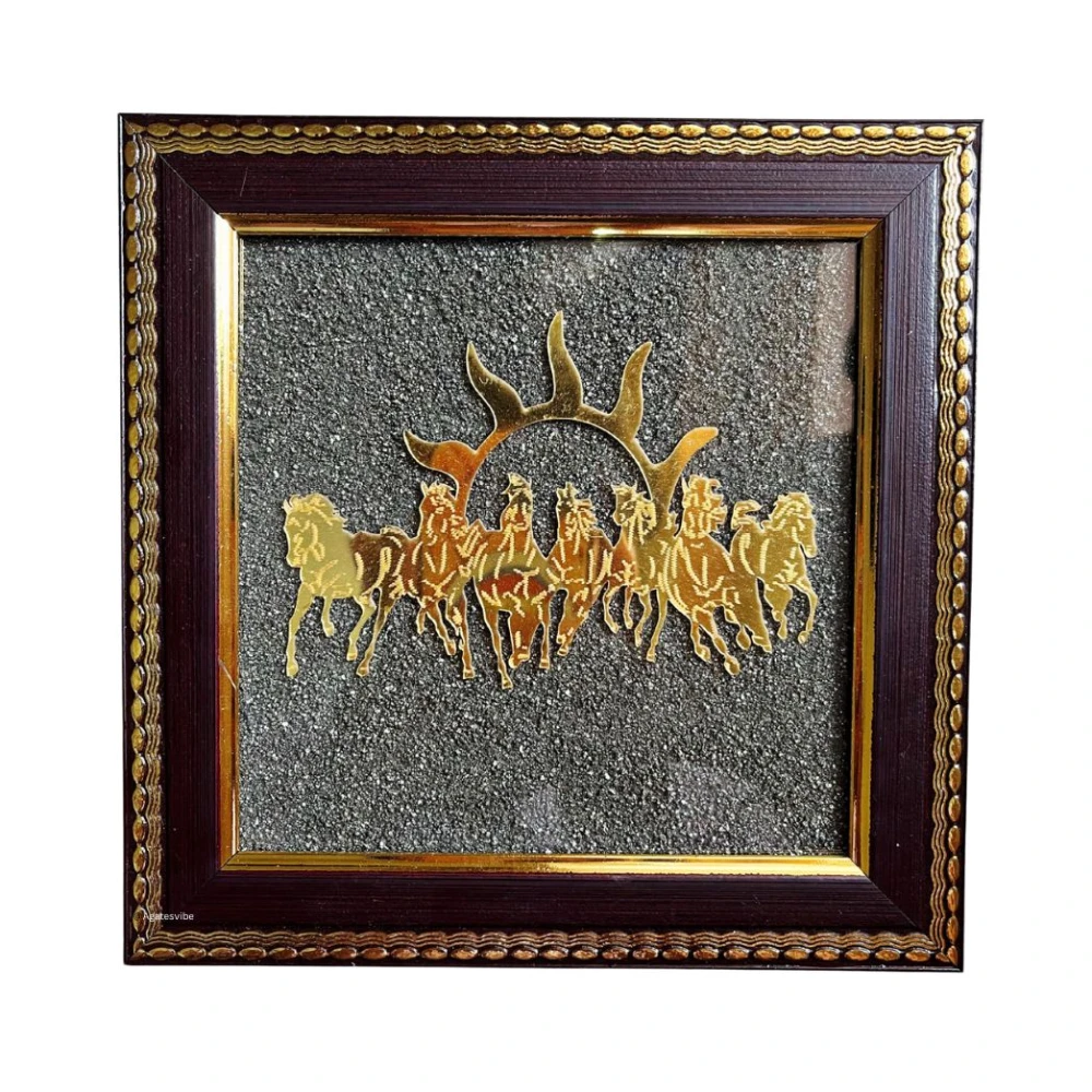 Golden 7 Horses with Sun Natural Raw Pyrite Frame