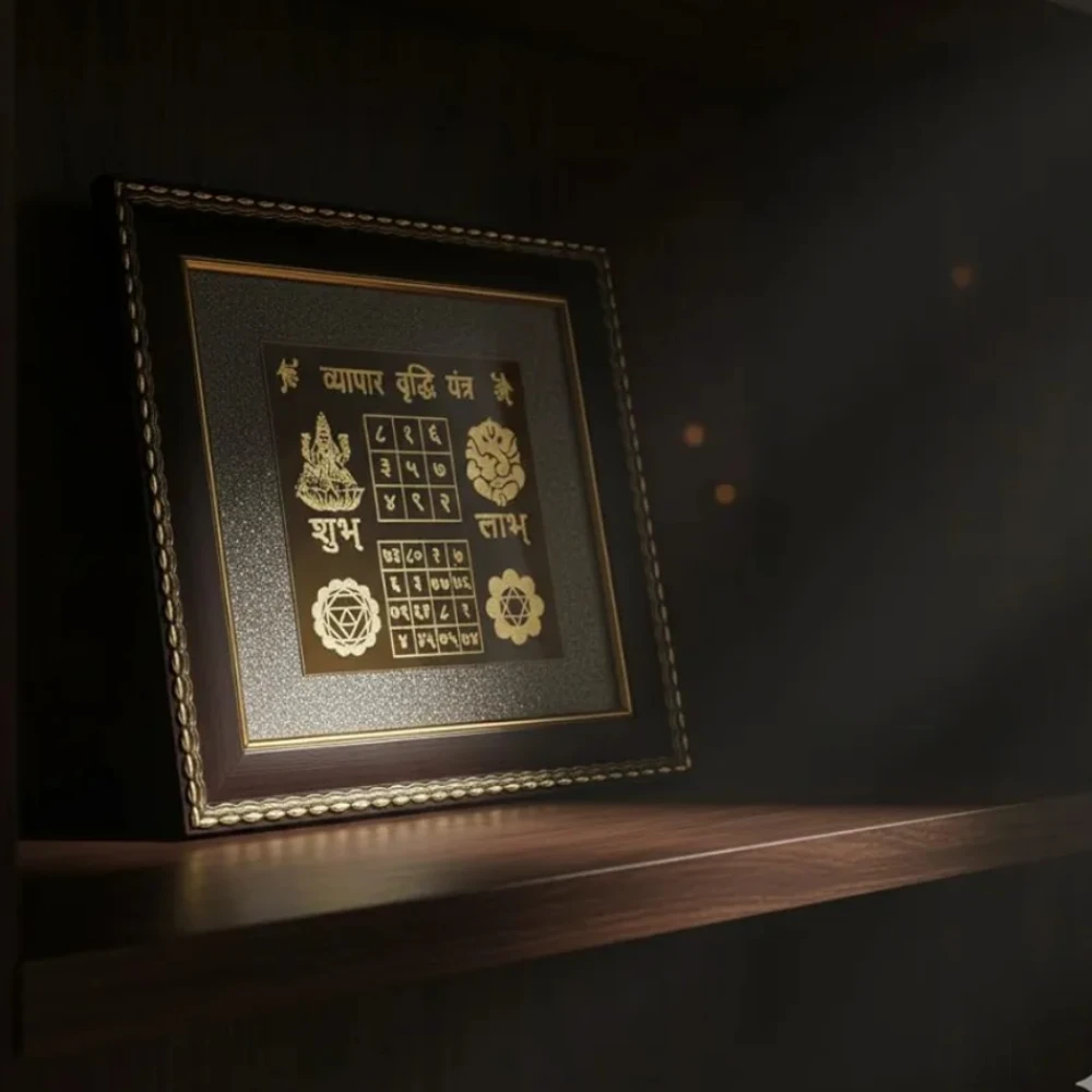 Agatesvibe Vyapar Vriddhi Yantra Pyrite Stone Frame with Sun | Wooden Vastu Wall Decor for Living Room | Original Pyrite Dust for Money, Prosperity, Protection & Chakra Healing, Success & Positive Energy