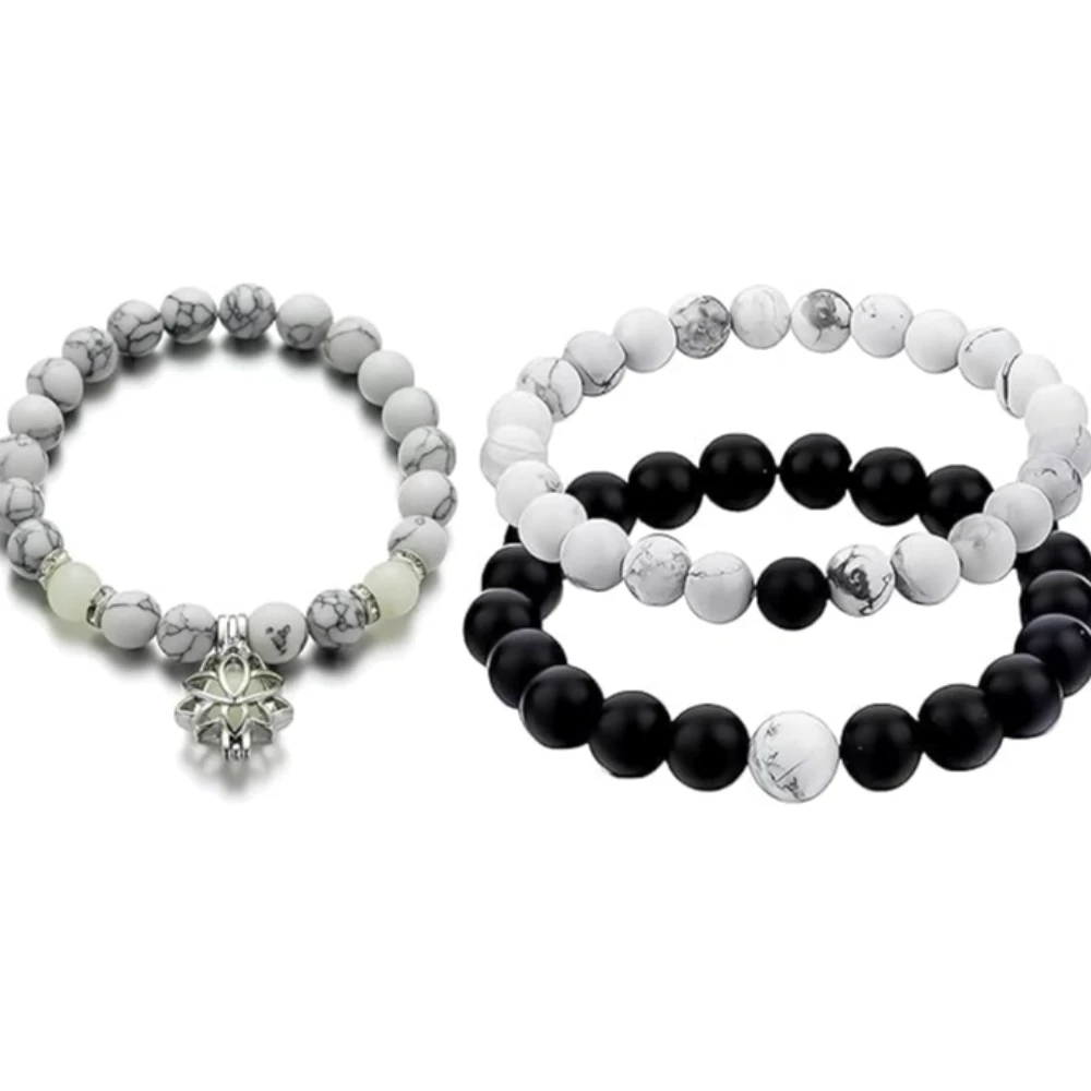 Agatesvibe "Couple Bracelet Combo – Luminous Glow-in-the-Dark Moon & Lotus Flower Charm Bracelets | Onyx Beads Unisex Matching Bracelets for Men & Women | Romantic Gift for Couples