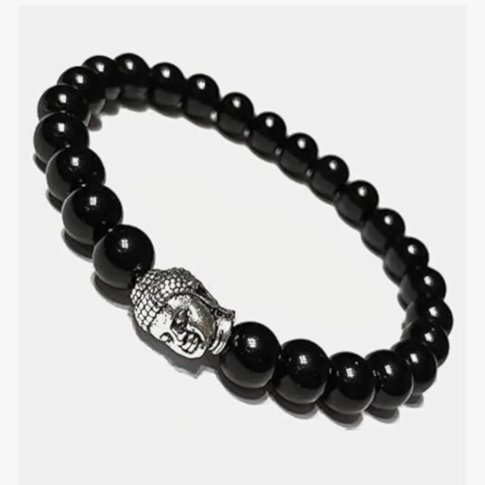 Agatesvibe Buddha Natural Crystal Healing Gemstone Chakra Bracelet | 8mm Beads | Unisex Spiritual Jewelry (Pack of 1) (Black Onyx with Buddha Head)