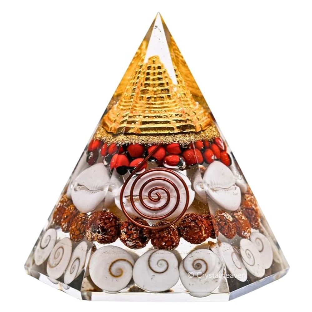 Agatesvibe Laxmi Pyramid – Original Certified Gomati Chakra, & Cowrie Maha Laxmi Pyramid (90mm) with Shree Yantra | Pooja Vastu Item for Home, Good Luck, Money & Wealth (Pack of 1) (Hexagonal Pyramid)