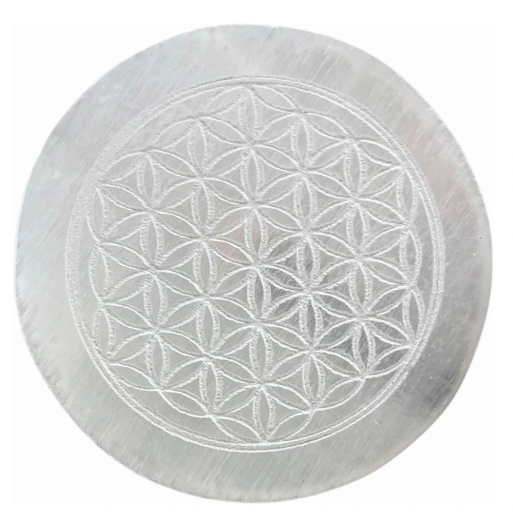 Agatesvibe Selenite Crystal Charging Plate – Engraved Sri Yantra Selenite Plate for Crystal Cleansing, Energy Recharging, & Pooja Rituals (Pack of 1) (Flower of Life, 4 Inch)