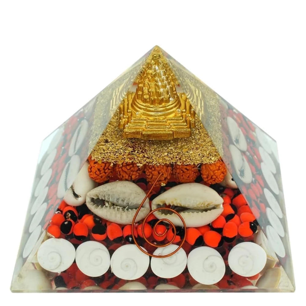 Agatesvibe Laxmi Pyramid 90mm Original Certified – Orgonite Shree Yantra Pyramid with Gomati Chakra, Rudraksha, Cowrie Kodi – Vastu Pooja Item for Home, Good Luck, Money & Wealth Attraction