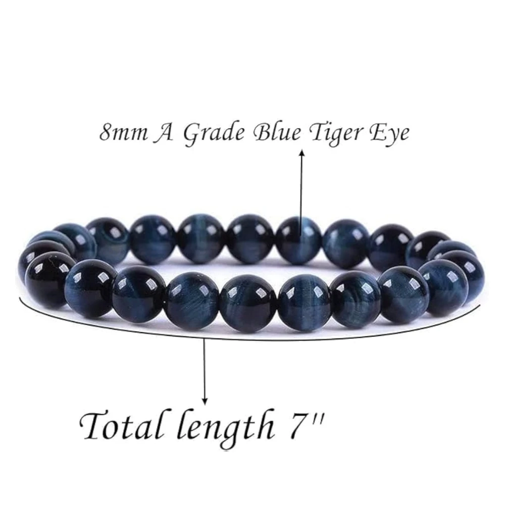 Agatesvibe Handmade Semi-Precious Gemstone Beaded Bracelet – 8mm Round Stretch Bracelet (7") for Unisex (Pack of 1) (Blue Tiger Eye)