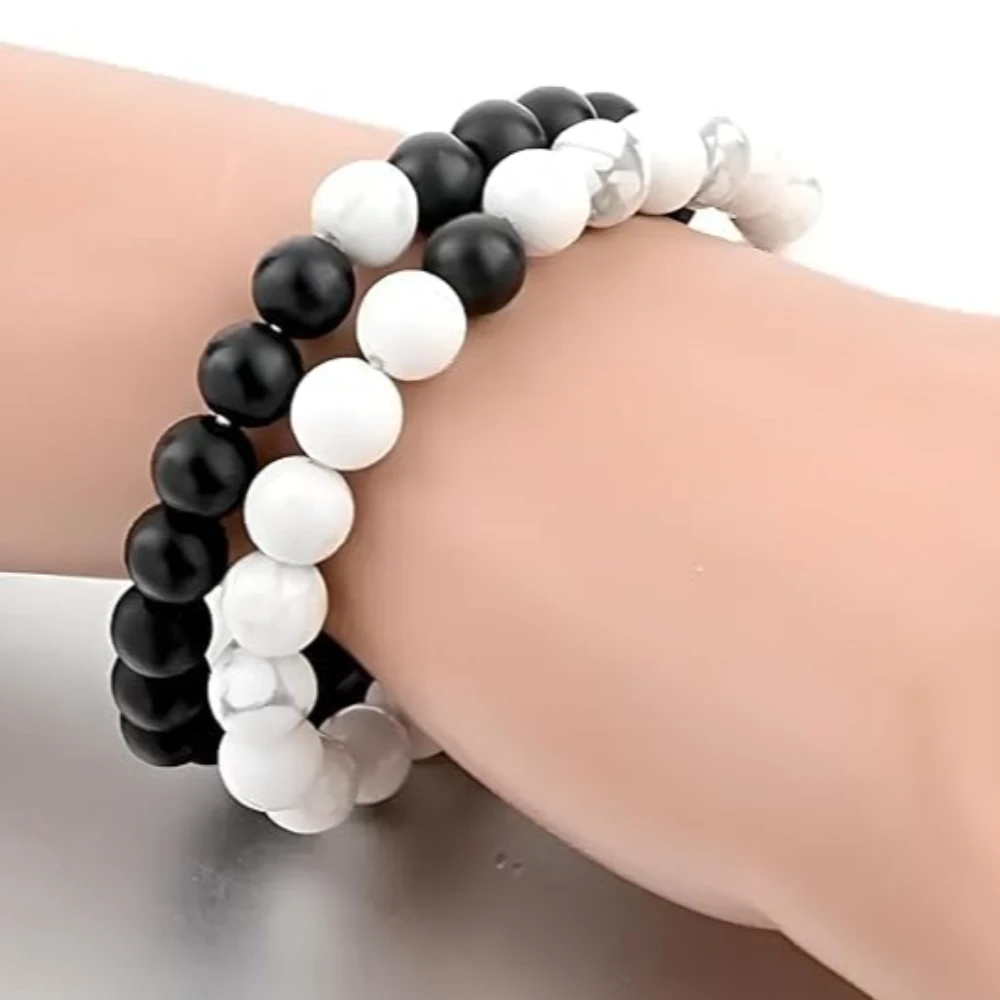 Agatesvibe "Couple Bracelet Combo – Luminous Glow-in-the-Dark Moon & Lotus Flower Charm Bracelets | Onyx Beads Unisex Matching Bracelets for Men & Women | Romantic Gift for Couples