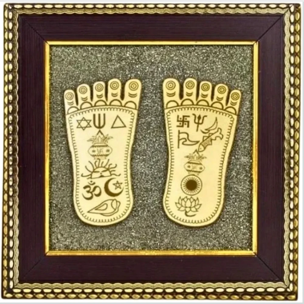 Agatesvibe MMA Laxmi Charan Paduka Frame with Raw Pyrite | Wooden Vastu Wall Decor for Living Room & Office | Original Pyrite Stone for Wealth, Prosperity, Protection, Money Attraction & Positive Energy