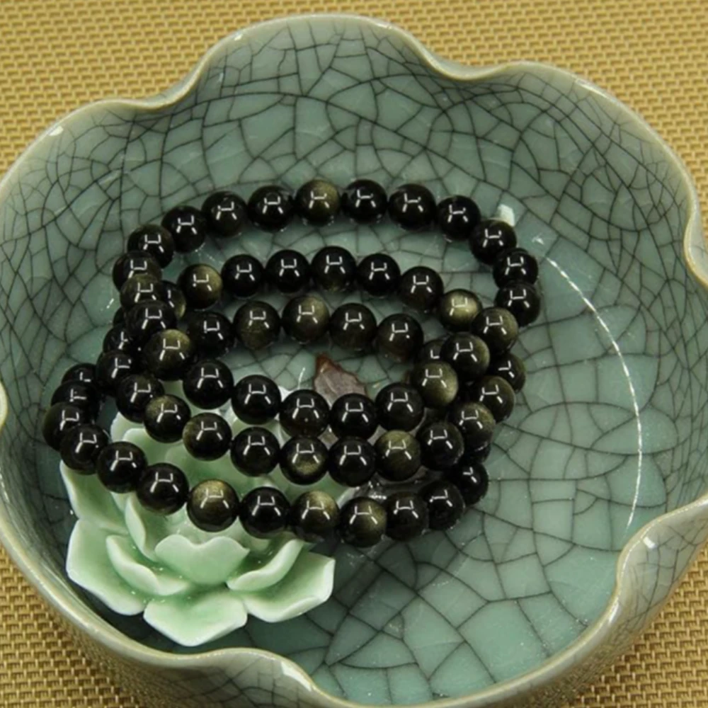 Agatesvibe Handmade Gem Semi Precious Gemstone 8mm Round Beads Stretch Bracelet 8mm Bead Size (Golden Obsidian)