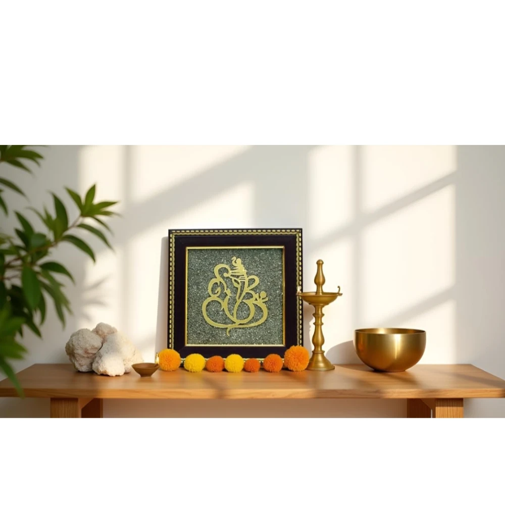Ganesh Ji on Raw Pyrite Frame | Authentic Pyrite Stone Wall Decor for Wealth, Prosperity & Positive Energy | Handmade Vastu Wooden Frame for Home & Office