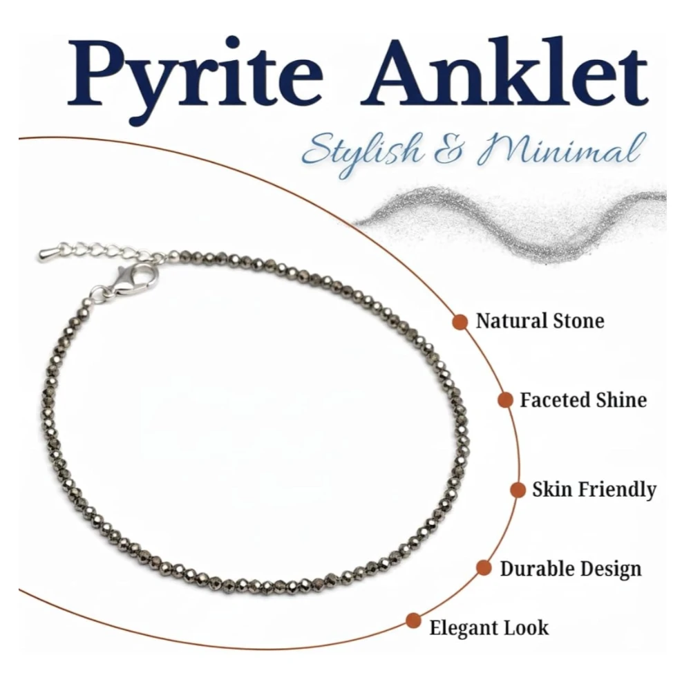 Agatesvibe Certified Raw Pyrite & Anklet for Women | Money Magnet Healing Crystal Jewelry | Handcrafted Adjustable Natural Stone Anklet for Wealth, Prosperity Balance & Spiritual Gift (PACK OF 1)