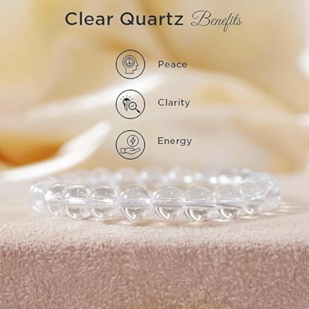 Agatesvibe Handmade Gem Semi Precious Gemstone 8mm Round Beads Stretch Bracelet (Clear Quartz)