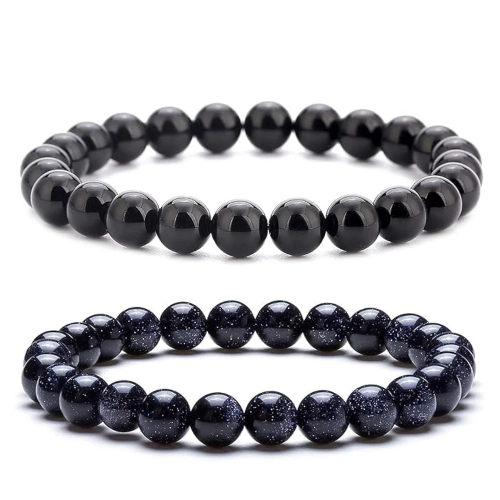 Agatesvibe "Men Women 8mm Natural Stone Beads Bracelet – Elastic Agate Yoga Healing Energy Bracelet Bangle – Unisex Boho Jewelry for Meditation & Balance (Blue Sand & Black Agate)