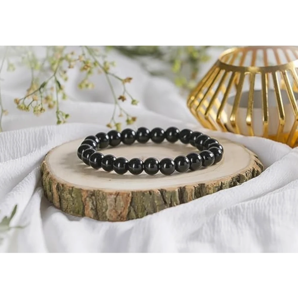 Agatesvibe Gemstone Beaded Bracelets for Women and Men - 8mm Round Beads Stone Bracelet | Includes Certificate of Authenticity (Pack of 1) (Black Tourmaline)