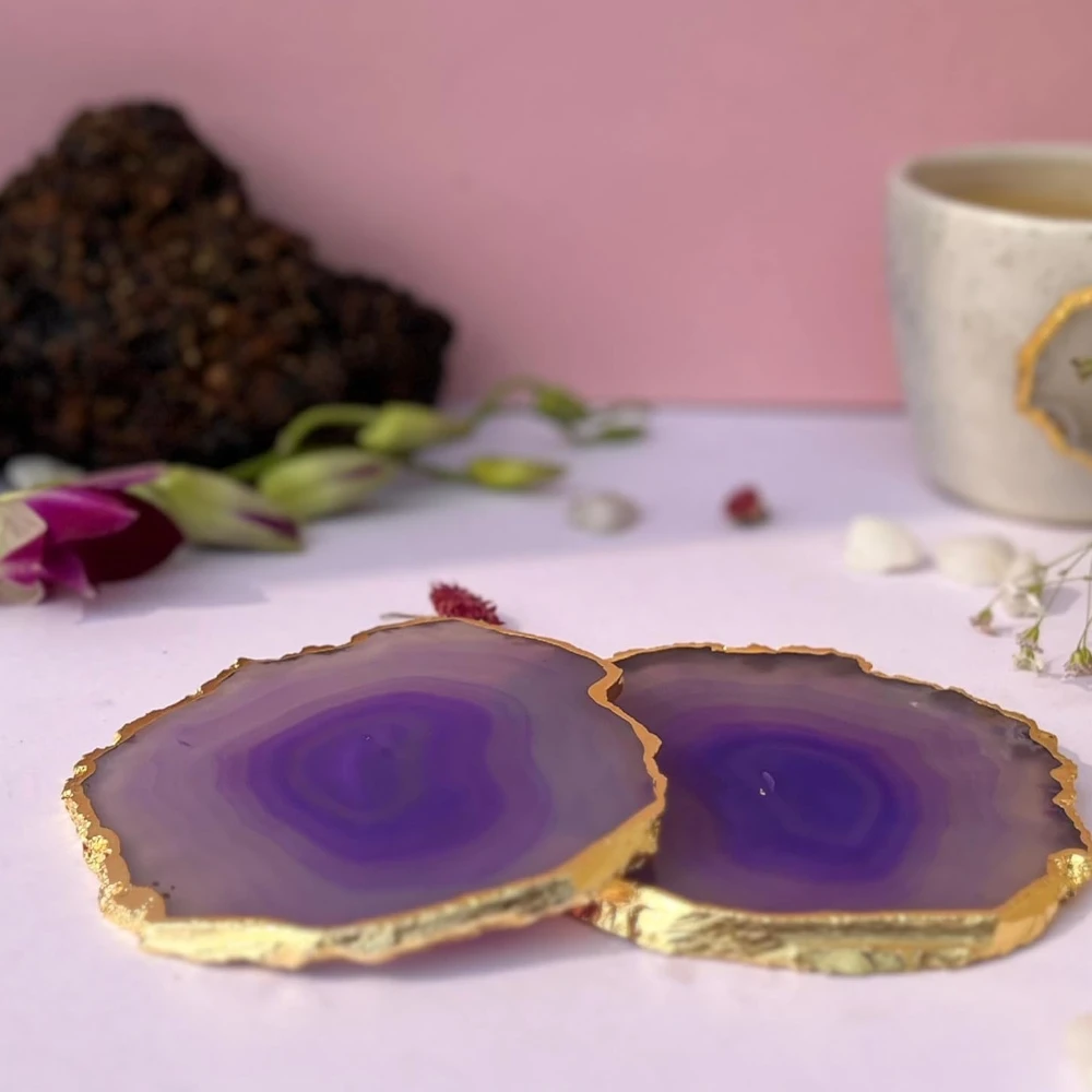 Agatesvibe Brazilian Agate Stone Coaster Beautiful Coaster Fit for Tea Cups Coffee Mugs and Glasses Perfect Table Accessories Tableware (2, Purple)
