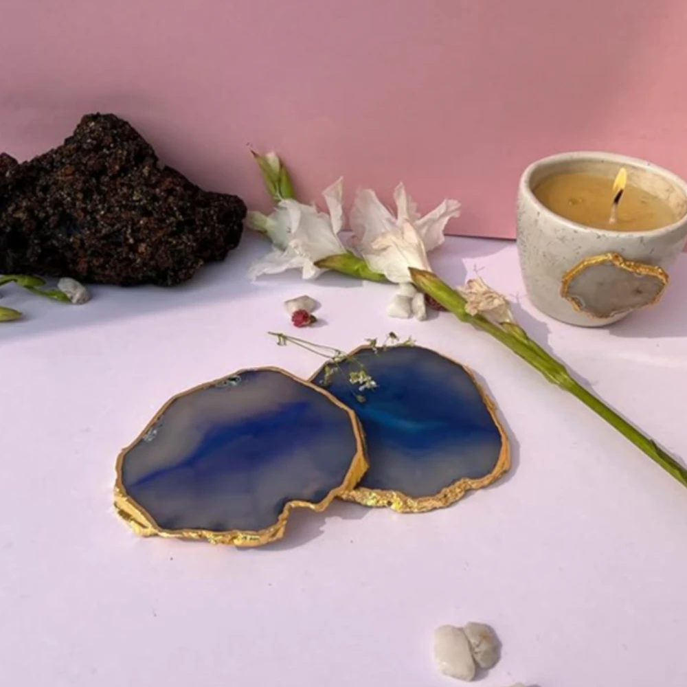 Agatesvibe Brazilian Agate Stone Coaster Beautiful Coaster Fit for Tea Cups Coffee Mugs and Glasses Perfect Table Accessories Tableware (5, Blue)