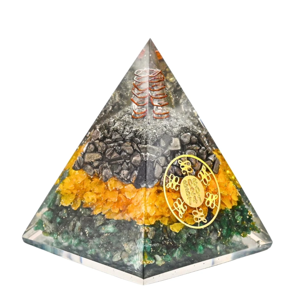 Money Magnet Pyrite Pyramid Vastu for Home - Certified Pyrite Citrine Green Aventurin Stone Original Pyramid with Zibu Symbol - Vastu Pyramid for Pooja, Financial Growth & Positive Energy