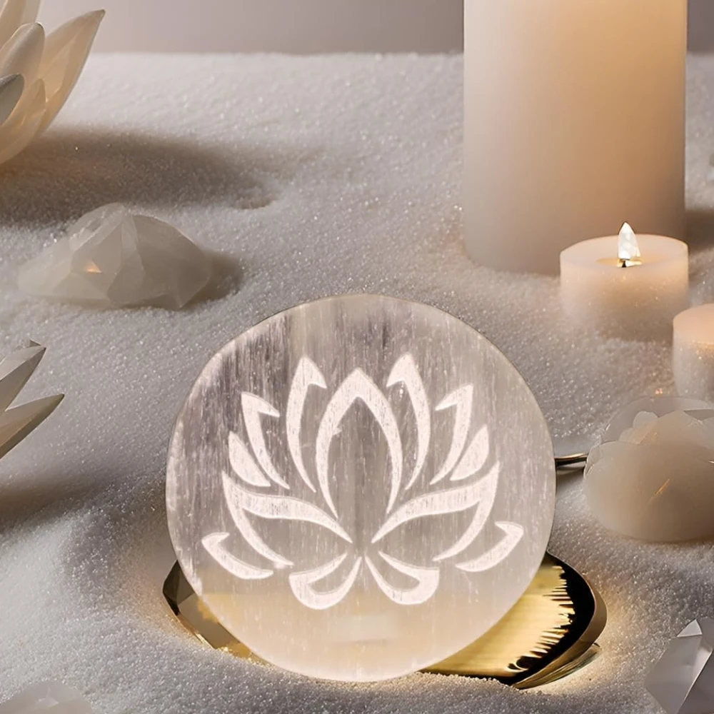 Agatesvibe Round Selenite Crystal Charging Plate - Natural Selenite Stone for Crystal Charging & Vastu (Flower)