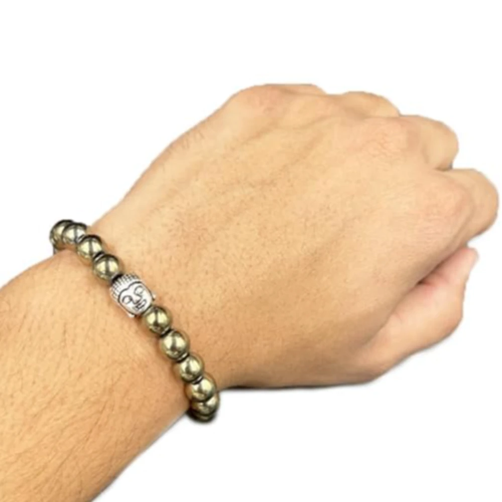 Agatesvibe Golden Pyrite Buddha Bracelet – Natural Crystal Healing Gemstone Chakra Jewelry for Men & Women | 8mm Beads (Pack of 1)