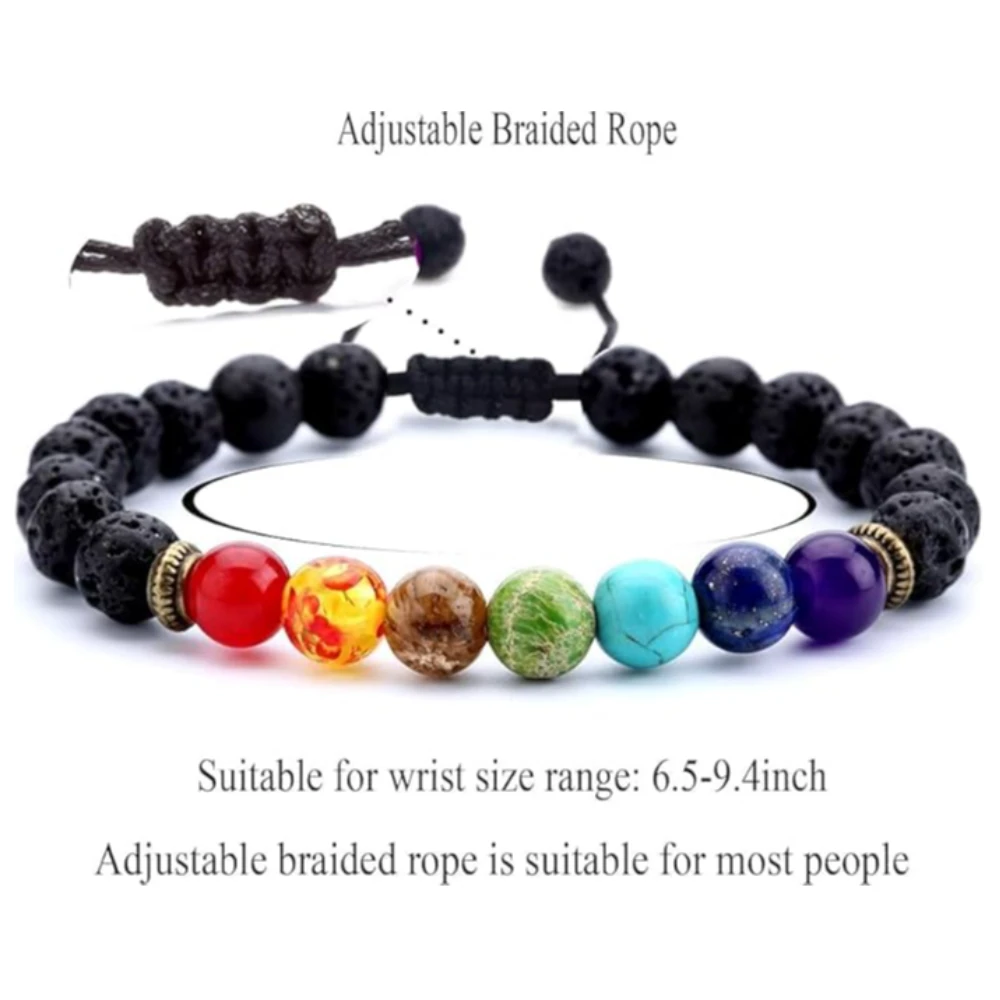 Agates Vibe 8mm Lava Rock Lava Rock 7 Chakra Beads Bracelet for Men & Women – Braided Rope Agate Stone Healing Energy Bangle (1-lava Chakra)