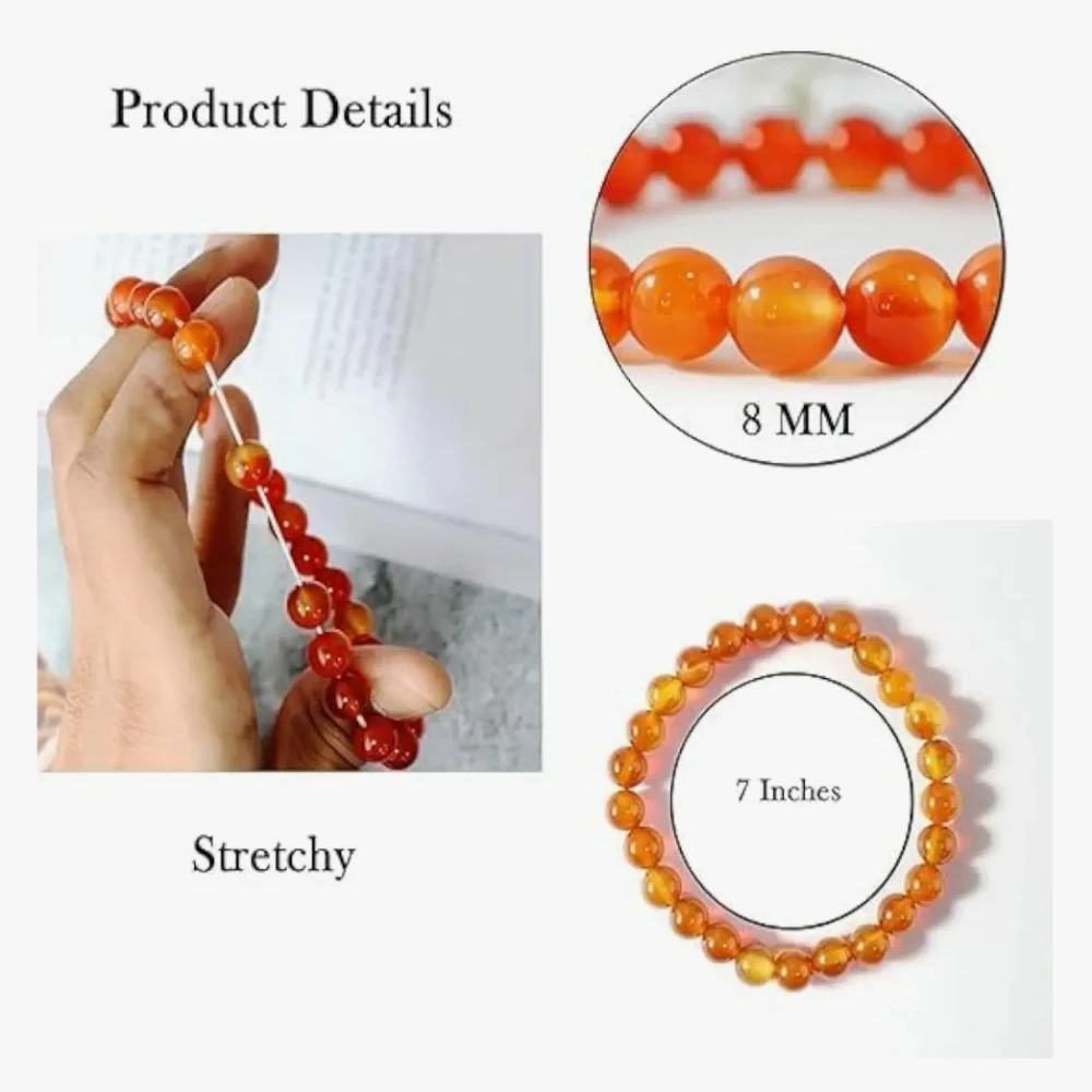 Agatesvibe Handmade Gem Semi Precious Gemstone 8mm Round Beads Stretch Bracelet (Carnelian)