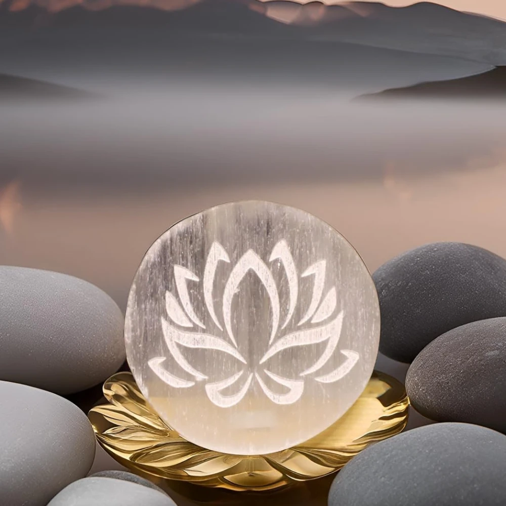 Agatesvibe Round Selenite Crystal Charging Plate - Natural Selenite Stone for Crystal Charging & Vastu (Flower)