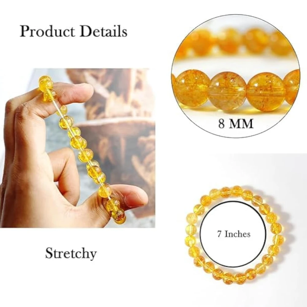 Agatesvibe Crystal Bracelet for Men & Women (8mm) | Gemstone Round Beads Bracelet for Girls | Elastic Casual Bracelet for Boys | Natural Reiki Feng Shui Healing Stone Bracelet for Unisex Adults (PAck of 1) (Citrine)