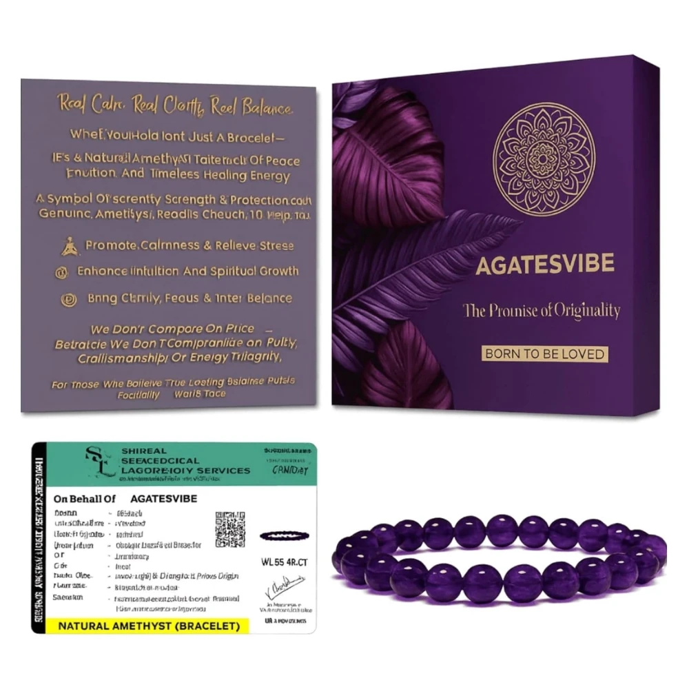 Certified Natural Amethyst Bracelet – Original Purple Stone Crystal Jewellery for Men & Women, Healing, Meditation & Energy Gemstone with Activation Card & Authenticity Certificate