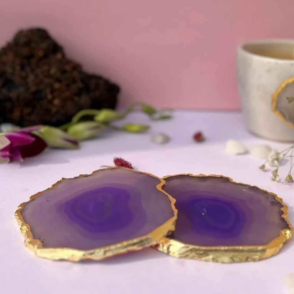 Agatesvibe Brazilian Agate Stone Coaster Beautiful Coaster Fit for Tea Cups Coffee Mugs and Glasses Perfect Table Accessories Tableware (Pack of 1) (Purple Agate Set of 2)