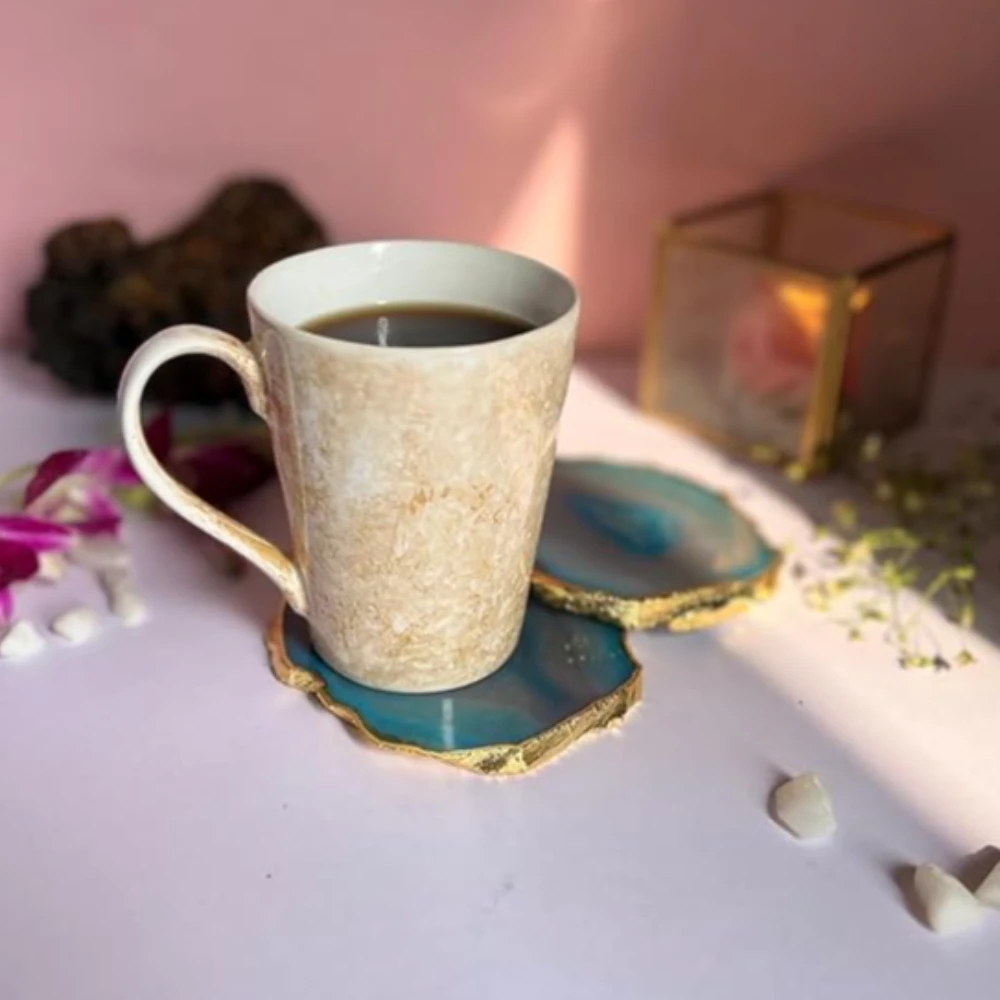 Agatesvibe Brazilian Agate Stone Coaster Beautiful Coaster Fit for Tea Cups Coffee Mugs and Glasses Perfect Table Accessories Tableware (4, Turquoise)