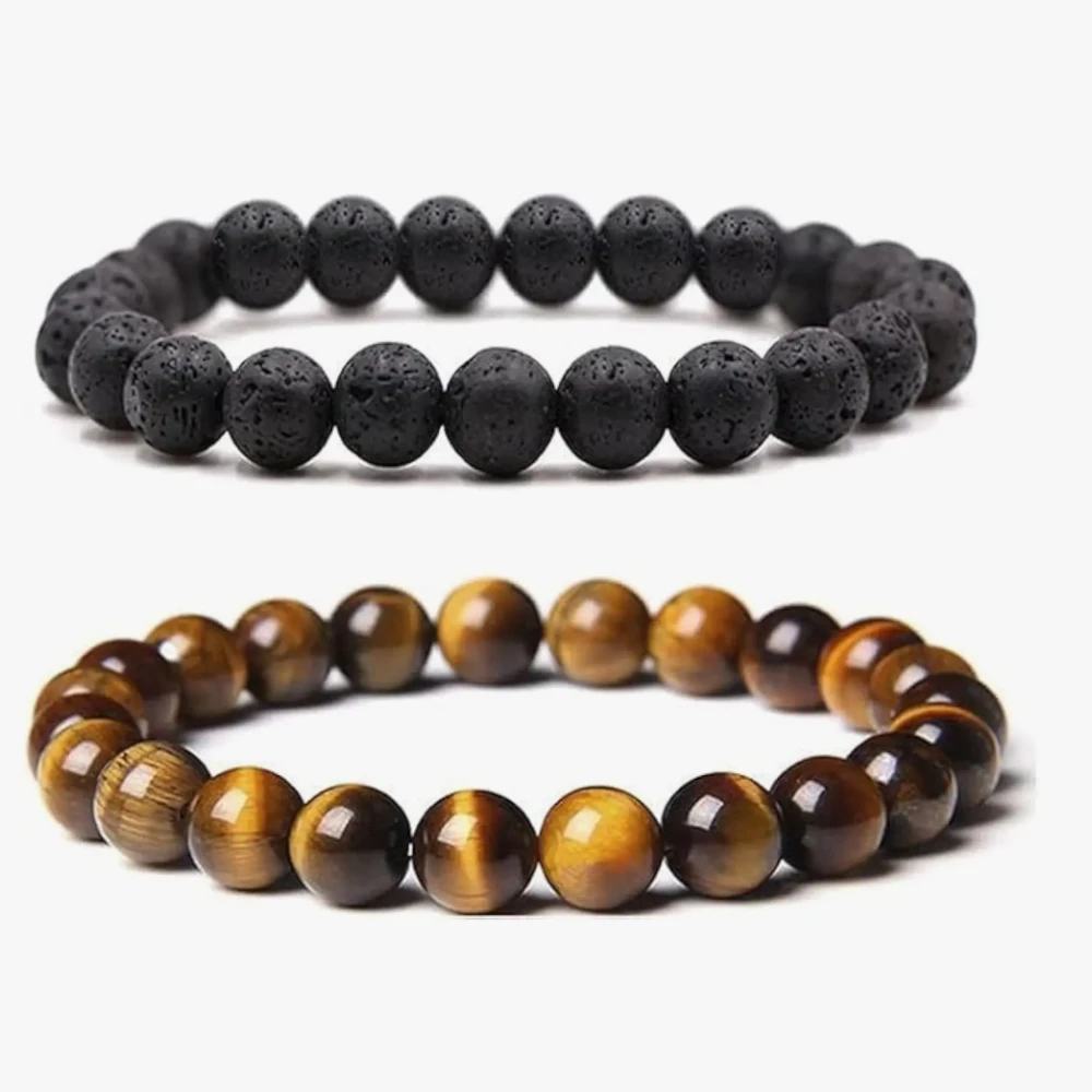 Agatesvibe 2 Pack Natural Stone Bracelets for Men, 8mm Tiger Eye | Lava Rock Stretch Beaded Bracelets for Adult Gifts Fathers Day Anniversary Jewelry Birthday Gifts for Women Men