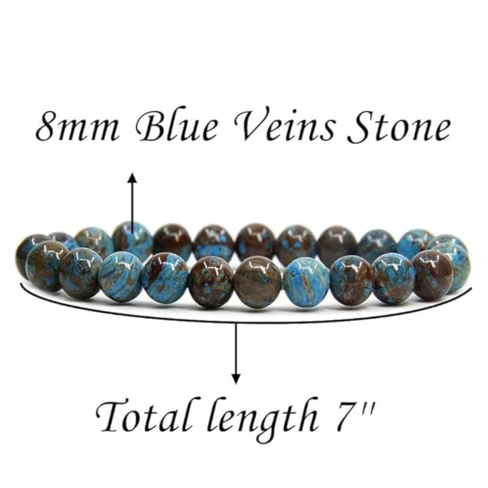 Agatesvibe Handmade Gem Semi-Precious Gemstone 8mm Round Beads Stretch Bracelet – 7" Unisex (Pack of 1) (Blue Wood Veins Jasper)