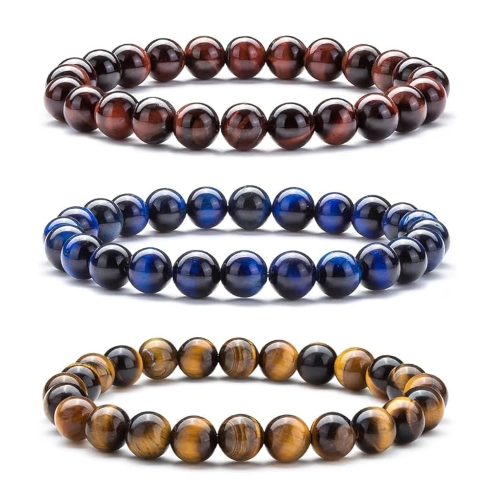 Agatesvibe "Men Women 8mm Natural Stone Beads Bracelet – Elastic Agate Yoga Healing Energy Bracelet Bangle – Unisex Boho Jewelry for Meditation & Balance (3 Pcs Set Tiger Eye)