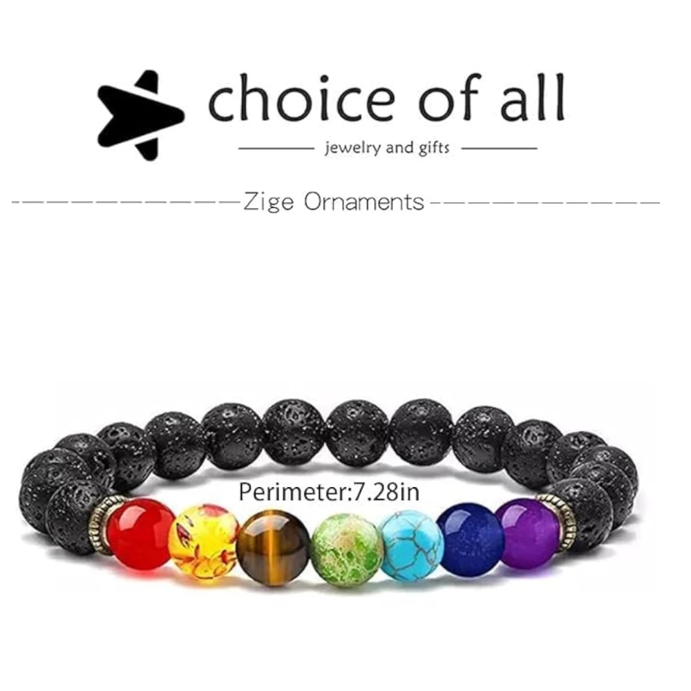 Agatesvibe Lava Rock 7 Chakra Bracelets 8mm Healing Stones Yinyang Rock Bead Elastic Natural Stones Gemstones Oil Diffuser Yoga Beads for Men Women Girls Jewelry (Pack of 1)