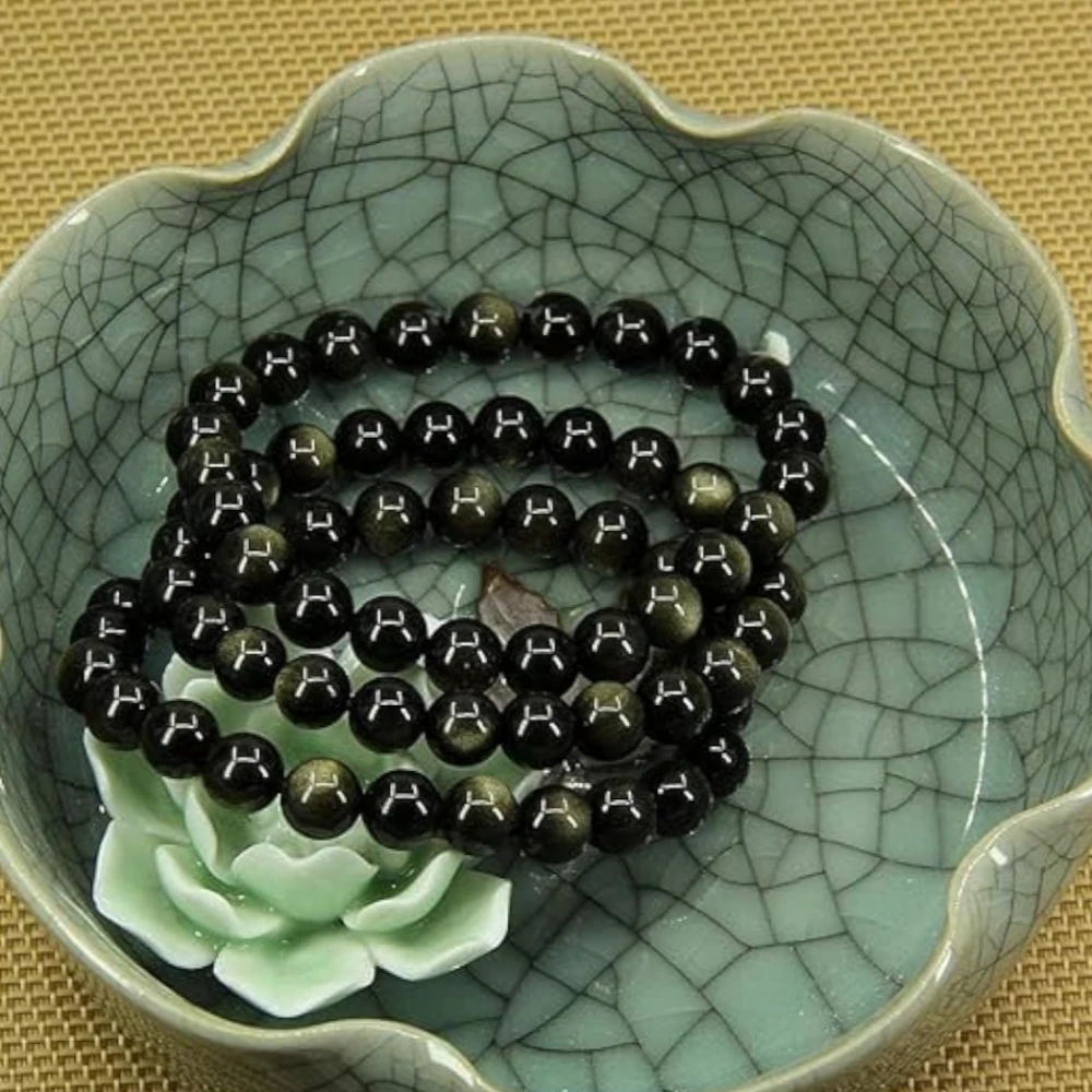 Agatesvibe Handmade Semi-Precious Gemstone Beaded Bracelet – 8mm Round Stretch Bracelet (7") for Unisex (Pack of 1) (Golden Obsidian)