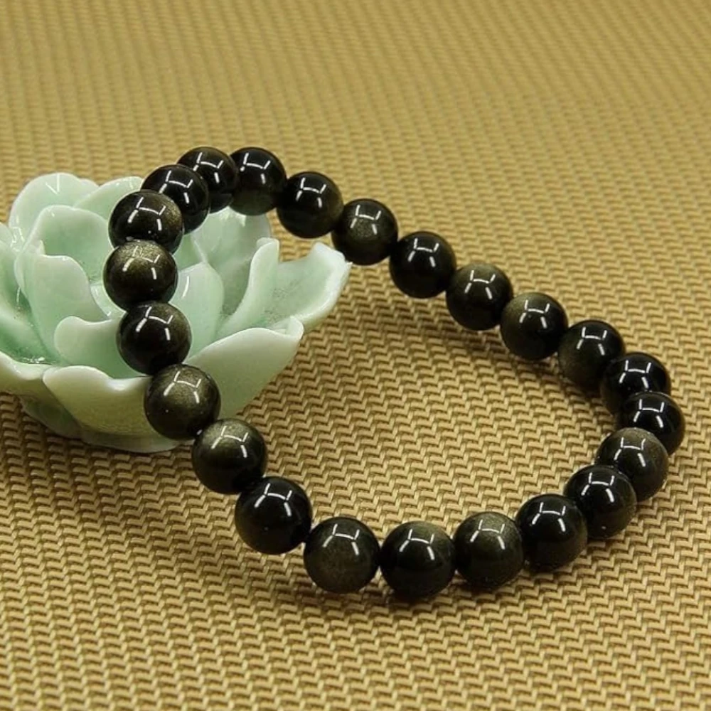 Agatesvibe Handmade Gem Semi-Precious Gemstone 8mm Round Beads Stretch Bracelet – 7" Unisex (Pack of 1) (Golden Obsidian)