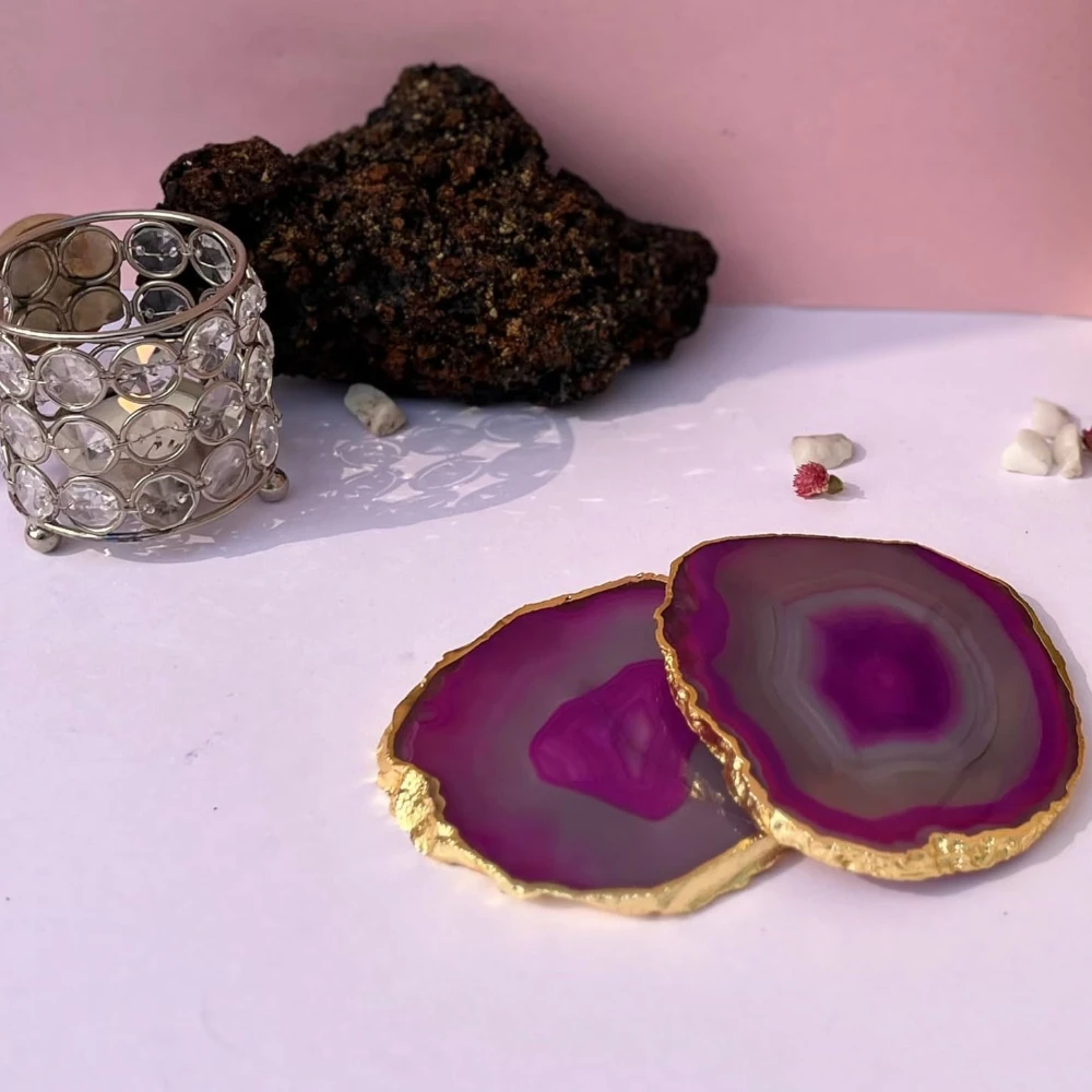 Agatesvibe Brazilian Agate Stone Coaster Beautiful Coaster Fit for Tea Cups Coffee Mugs and Glasses Perfect Table Accessories Tableware (2, Pink)