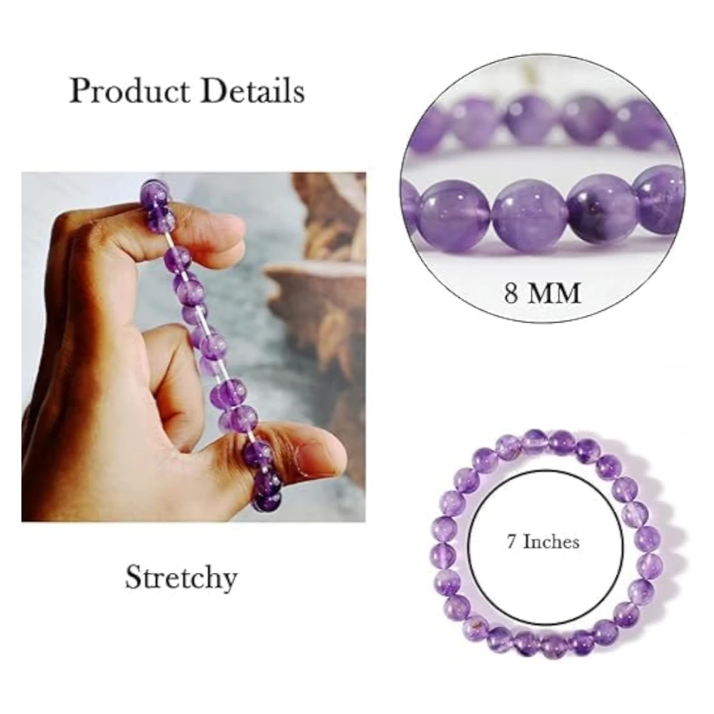 Agatesvibe Handmade Gem Semi Precious Gemstone 8mm Round Beads Stretch Bracelet (Amethyts)